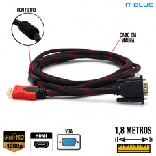 Cabo HDMI x VGA 1,8m Malha e Filtro LE-6619 It Blue 