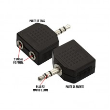 Adaptador de Áudio P2 Macho x 2 P2 Fêmea