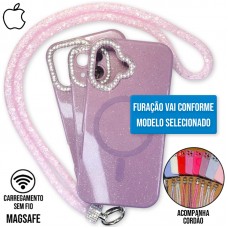 Capa iPhone 16 Pro - Glitter Magsafe com Cordão Areia Rosa