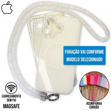 Capa iPhone 16 Pro - Glitter Magsafe com Cordão Branca