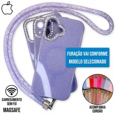 Capa iPhone 16 Pro - Glitter Magsafe com Cordão Lilás