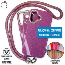 Capa iPhone 16 Pro - Glitter Magsafe com Cordão Magenta