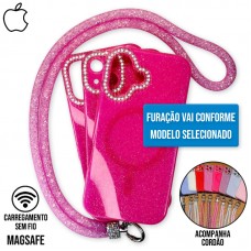 Capa iPhone 16 Pro - Glitter Magsafe com Cordão Pink