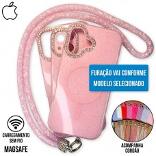 Capa iPhone 16 Pro - Glitter Magsafe com Cordão Rosa