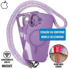 Capa iPhone 16 Pro - Glitter Magsafe com Cordão Roxa