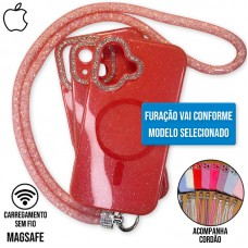Capa iPhone 16 Pro - Glitter Magsafe com Cordão Vermelha