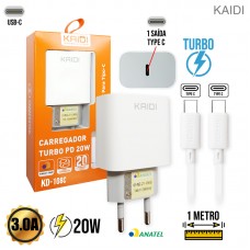 Kit Carregador Tipo C PD Turbo 20W + Cabo Tipo C 1m KD-108C Kaidi