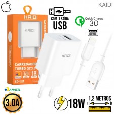 Kit Carregador 1 USB Turbo + Cabo Lightning 1,2m KD-111A Kaidi