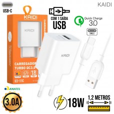 Kit Carregador 1 USB Turbo + Cabo Tipo C 1,2m KD-111C Kaidi