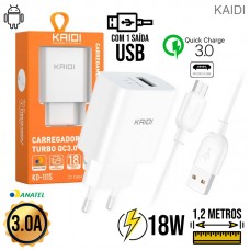 Kit Carregador 1 USB Turbo + Cabo V8 1,2m KD-111S Kaidi