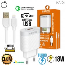 Kit Carregador 1 USB Turbo 18W + Cabo Lightning 1m KD-550A Kaidi