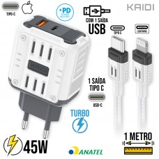 Kit Carregador Tipo C PD Turbo 45W + Cabo Lightning 1m KD-692CL Kaidi - Cinza