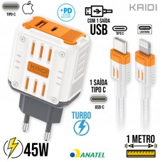 Kit Carregador Tipo C PD Turbo 45W + Cabo Lightning 1m KD-692CL Kaidi - Laranja