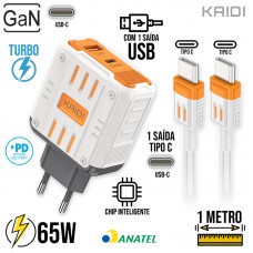 Kit Carregador Tipo C PD Turbo 65W + Cabo Tipo C 1m KD-693CC Kaidi