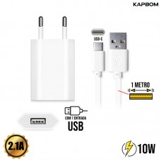 Kit Carregador 1 USB 10W + Cabo Tipo C 1m KA-5007-TY Kapbom - Branco