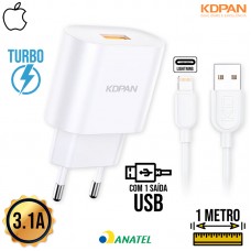 Kit Carregador 1 USB Turbo + Cabo Lightning 1m KN-550A Kdpan