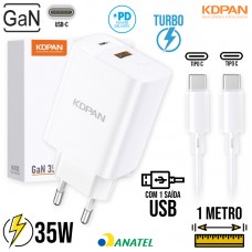 Kit Carregador Tipo C PD Turbo 35W + Cabo Tipo C 1m KN-671CC Kdpan