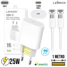 Kit Carregador Tipo C PD 25W + Cabo Tipo C 1m LE-357-4 Lehmox