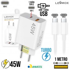 Carregador Turbo 45W Tipo C + USB + Cabo Tipo C 1m LE-405A+C Lehmox - Branco