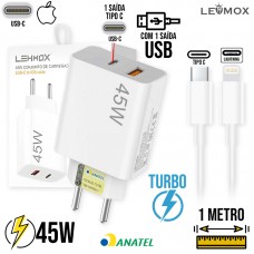 Kit Carregador Turbo 45W Tipo C + USB + Cabo Lightning 1m LE-405A+IOS Lehmox - Branco