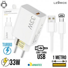 Kit Carregador 1 USB Turbo 33W + Cabo V8 Micro 1m LE-405V8 Lehmox - Branco