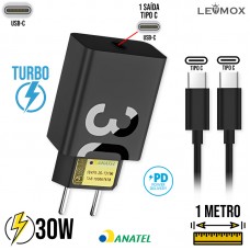 Kit Carregador Tipo C Turbo PD 30W + Cabo Tipo C 1m LE-490PD Lehmox - Preto 
