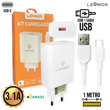 Kit Carregador 1 USB + Cabo Tipo C 1m LE-510 Lehmox - Branco
