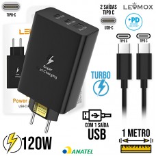 Kit Carregador 120W Tipo C Turbo 2PD + USB  + Cabo Tipo C 1m LE-626-6 Lehmox - Preto