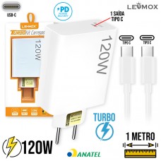Kit Carregador 120W Tipo C Turbo PD + Cabo Tipo C 1m LE-626PD Lehmox - Branco