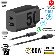 Kit Carregador Turbo 50W Tipo C + USB + Cabo Tipo C 1m Motorola Original - Preto