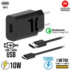 Kit Carregador Rápido 10W com + Cabo USB Type C 1m Motorola Original - Preto