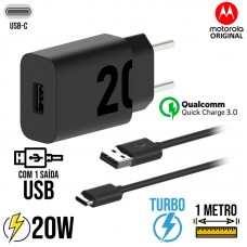 Kit Carregador 1 USB Turbo 20W + Cabo Tipo C 1m Motorola Original - Preto