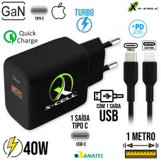 Kit Carregador GAN Turbo 40W Tipo C + USB + Cabo Lightning 1m XC-UR101 X-Cell - Preto