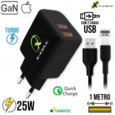 Kit Carregador Turbo 25W 2 USB + Cabo Lightning 1M XC-UR77 X-Cell - Preto