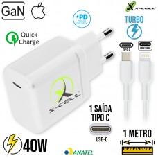 Kit Carregador GAN Turbo 40W Tipo C + Cabo Lightning 1m  XC-UR93 X-Cell - Branco