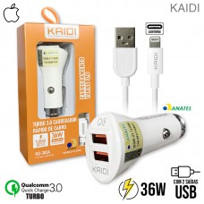 Kit Carregador Veicular Turbo 36W 2 USB + Cabo Lightning 1m KD-302A Kaidi