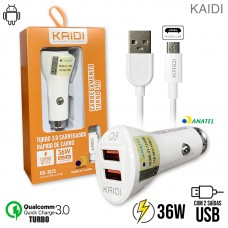 Kit Carregador Veicular Turbo 36W 2 USB + Cabo V8 1m KD-302S Kaidi