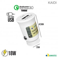 Carregador Veicular Turbo USB 18W KD-501 Kaidi - Branco