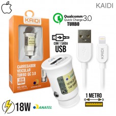 Kit Carregador Veicular Turbo 18W 1 USB + Cabo Lightning 1m KD-501A Kaidi - Branco