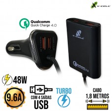 Carregador Veicular Turbo 48W 4 USB Extensor XC-KT-18 X-Cell - Preto