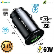 Carregador Veicular Turbo 60W Tipo C + 1 USB XC-V17USB X-Cell - Preto
