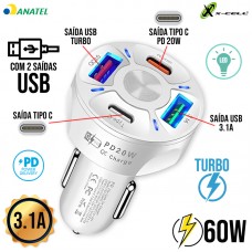 Carregador Veicular Turbo 60W 2 Tipo C + 2 USB XC-V18USB X-Cell - Branco