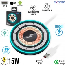 Carregador USB-C por Indução 15W Qi sem Fio Turbo LED TQI-F20LEDTC Exbom - Branco