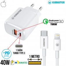 Kit Carregador Turbo 40W Tipo C + USB + Cabo Tipo C x Lightning 1m T110CL Kimaster - Branco