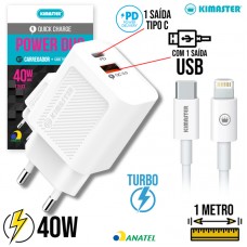 Kit Carregador Turbo 40W Tipo C + USB + Cabo Tipo C x Lightning 1m T160CL Kimaster - Branco