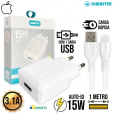 Kit Carregador 1 USB 15W + Cabo Lightning 1m T503UL Kimaster - Branco