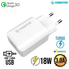 Carregador 1 USB Turbo 18W T108 Kimaster - Branco