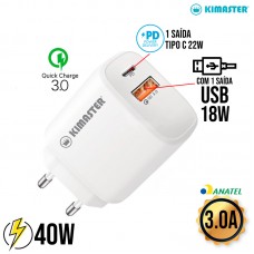 Carregador Turbo 40W Tipo C + USB T110 Kimaster - Branco