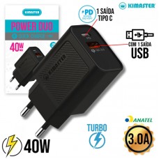 Carregador Turbo 40W Tipo C + USB T160 Kimaster - Preto
