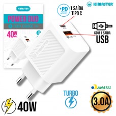 Carregador Turbo 40W Tipo C + USB T160 Kimaster - Branco